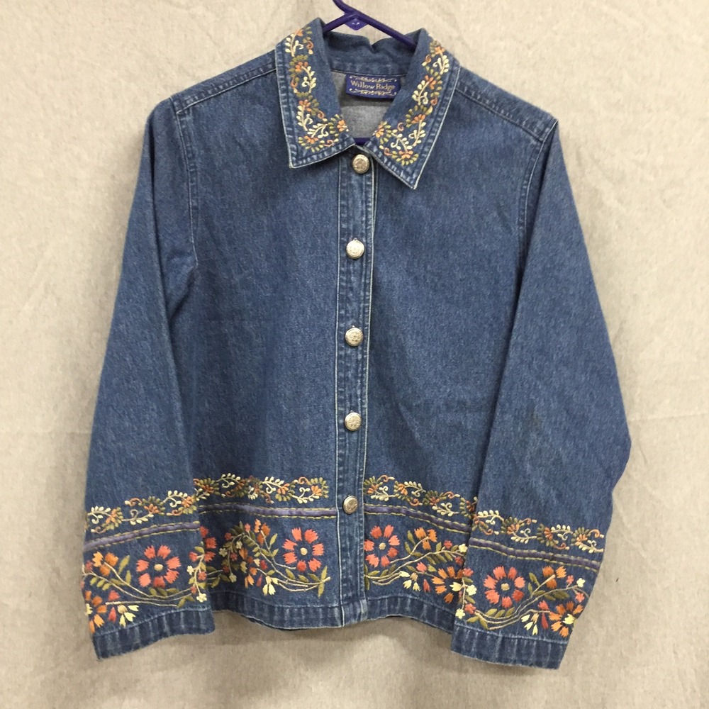 Willow Ridge Floral Embroidered Denim Jacket Blue Cotton Button Up Womens SP